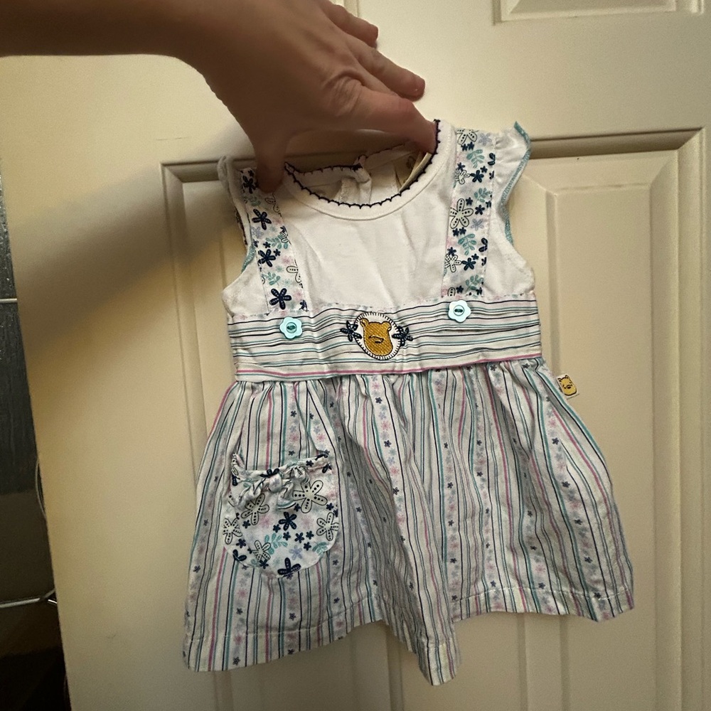 Disney White Striped & Floral Sleeveless Dress with Yellow Patch